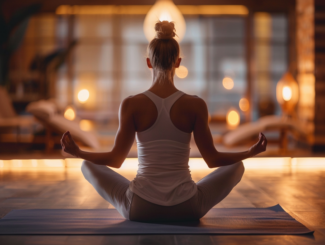 Жінка в позі лотоса під час заняття йогою